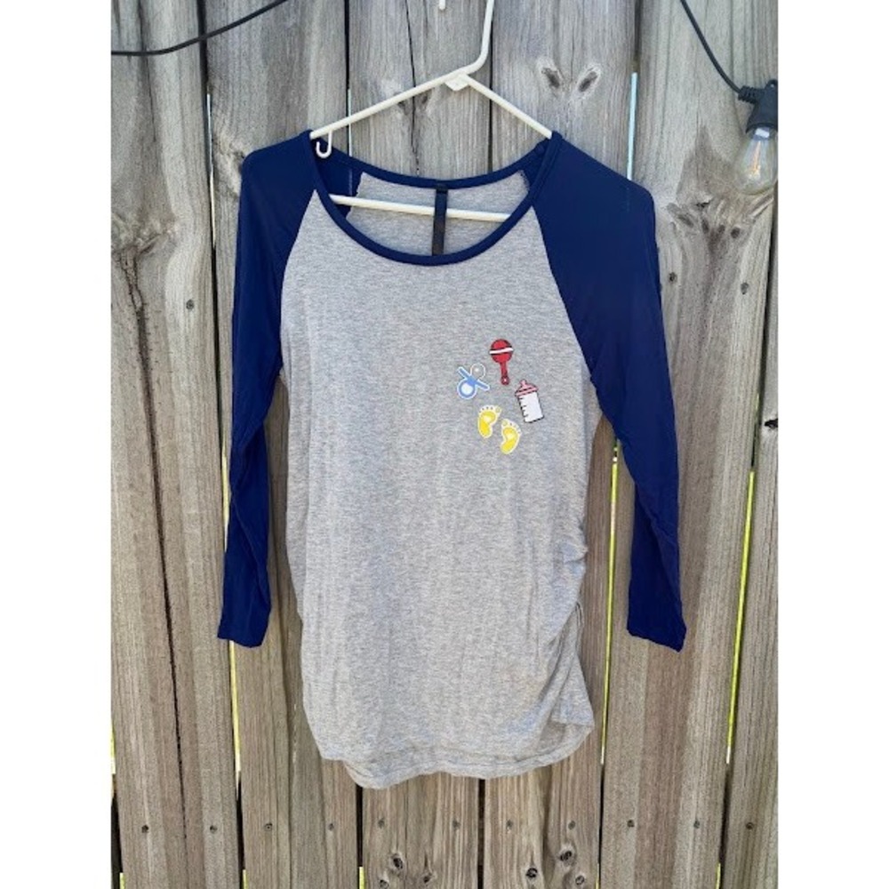 Maternity Baseball Tee Heather Gray Navy Blue Baby Graphic Ruched 3/4 Sleeve